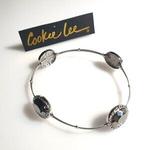 Cookie Lee Silver Tone Bracelet Faceted Black Rhinestone Oval Stretch Stackable
